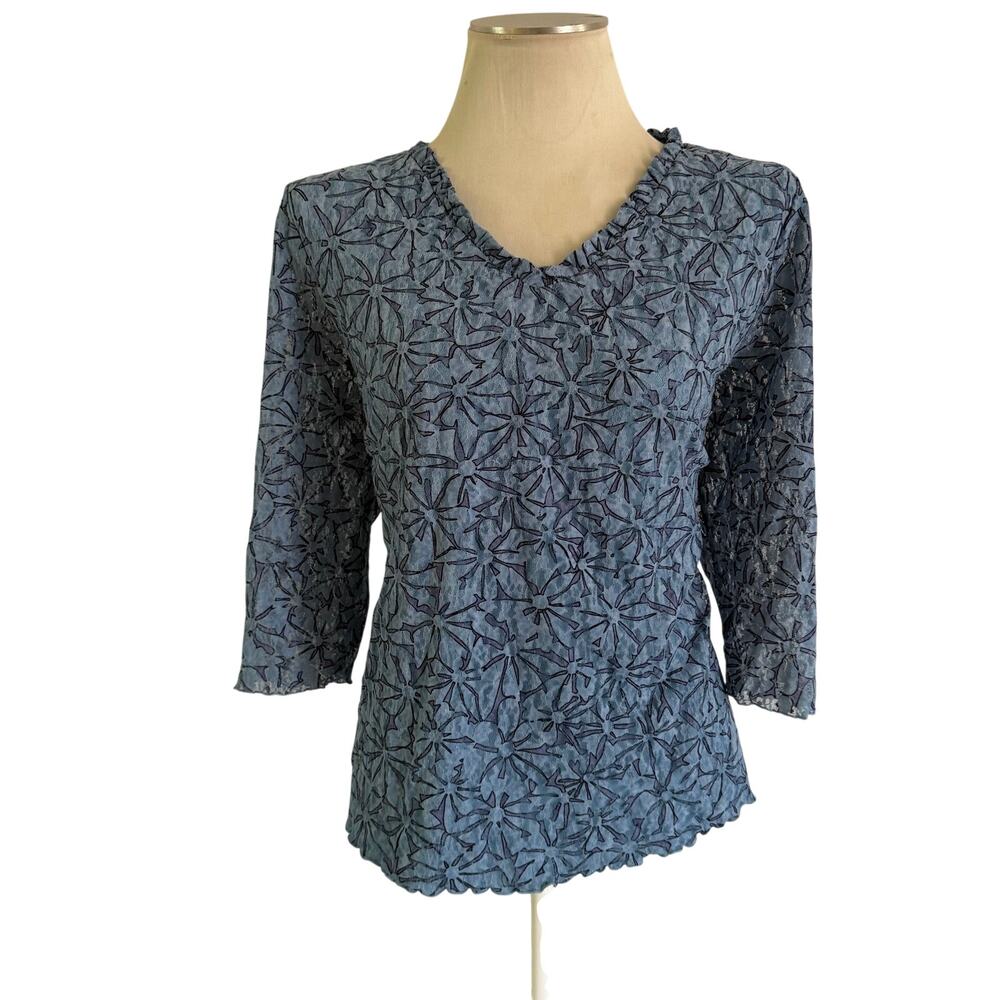 Vtg Y2K 2000s Blue Lace Overlay Blouse Plus Size 1X Fairycore Stretch Grunge